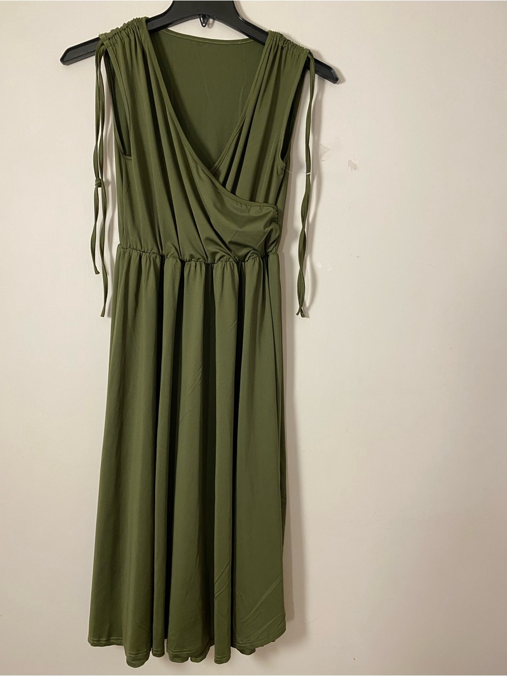 Vintage Olive Green Sleeveless Wrap Midi Dress with pull string tie on shoulders